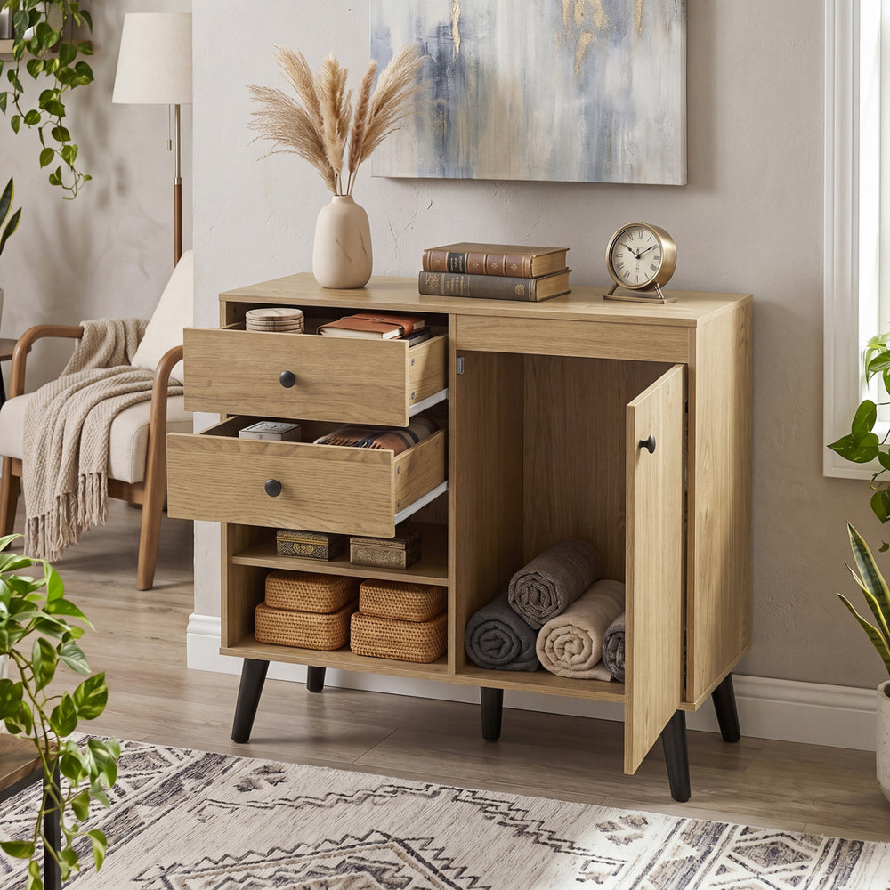 Natural 31" sideboard cabinet featuring 2 drawers and 2 open compartments, ideal for living room storage and display.