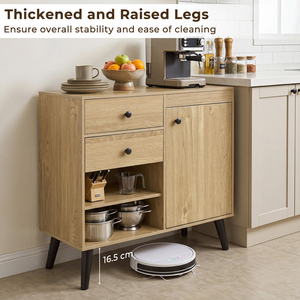 31" sideboard cabinet in natural finish with 2 drawers and open compartments, ideal for dining or coffee station use.