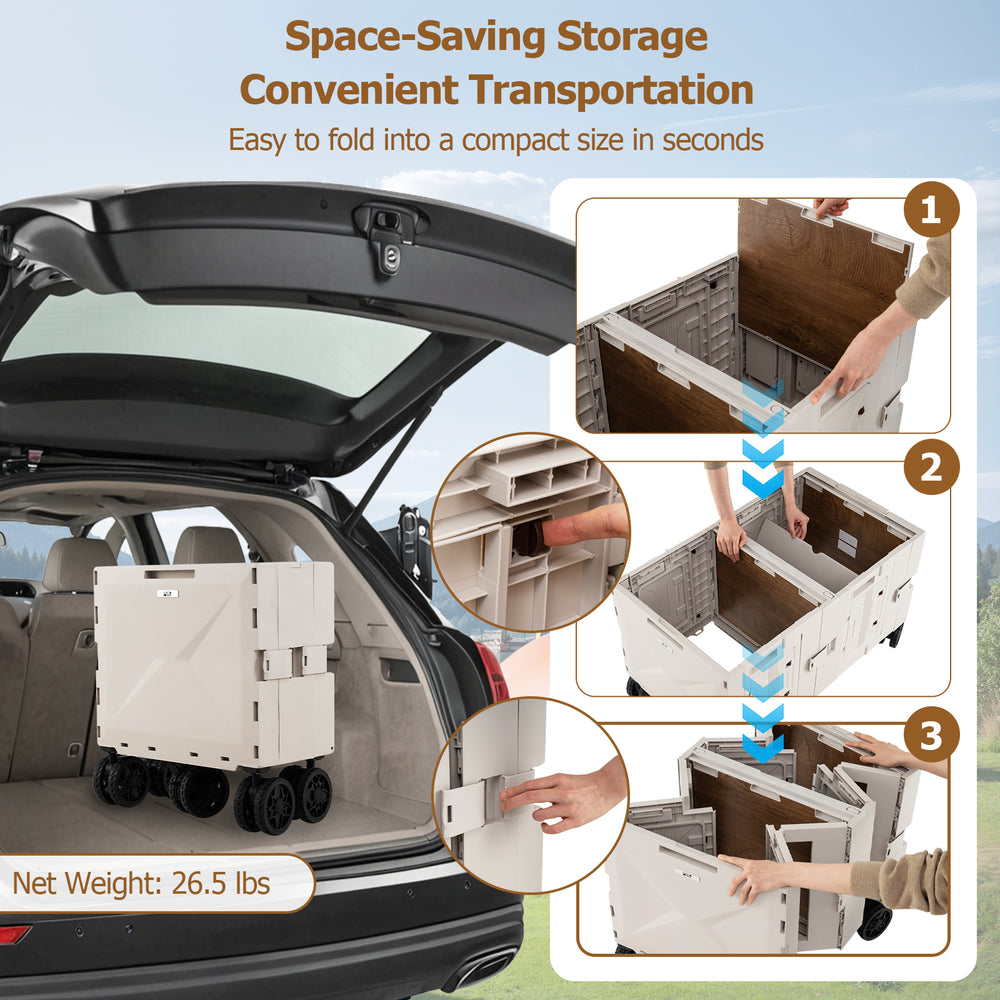 Large foldable utility cart with two-tier storage crates, compact design for easy transportation and versatile use.