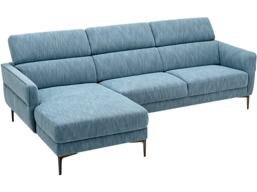 L-shaped blue sofa couch with adjustable headrests and thick cushions, perfect for living room comfort and relaxation.