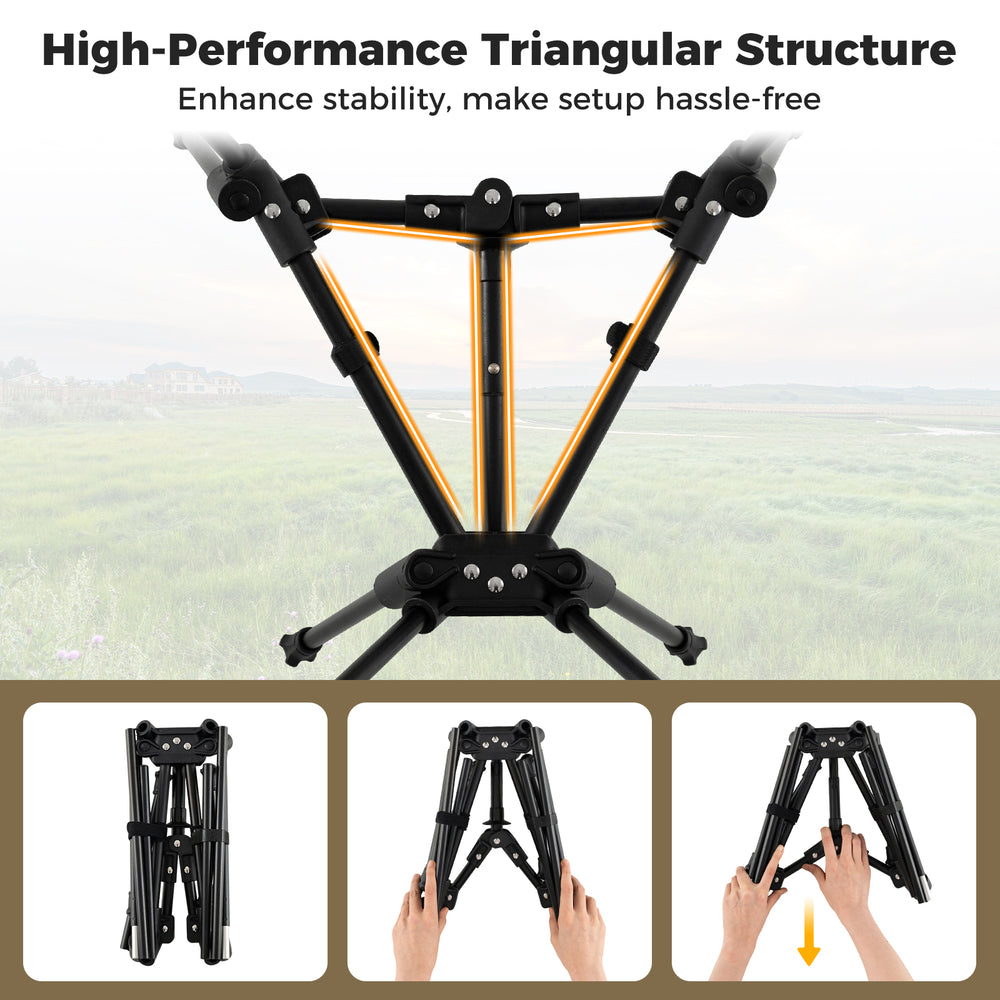 Close-up of the portable camping chair's unique double-triangular structure, enhancing stability for hassle-free setup.