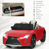 Red Lexus LC500 kids ride-on car with remote control, featuring adjustable speed, music, and spring suspension for.