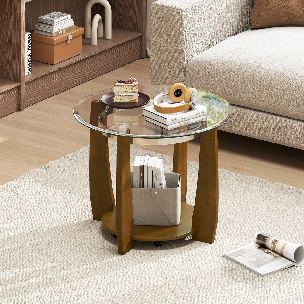 32" 2-Tier Glass Round Coffee Table with Storage Shelf-Walnut - Gallery View 1 of 10