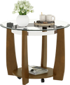 Round coffee table with a walnut frame, tempered glass top, and storage shelf, featuring wheels for easy mobility.