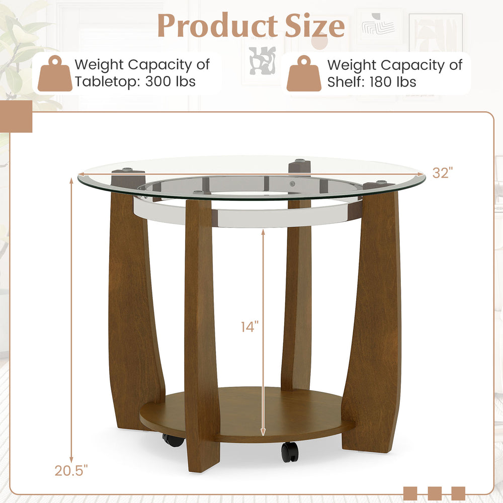 32" round coffee table with a walnut finish, tempered glass top, and storage shelf, featuring wheels for easy movement.