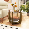 Round coffee table with a 0.31" tempered glass top and walnut frame, featuring a storage shelf and wheels for easy.