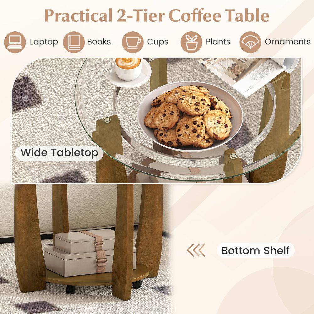 Round 32" glass coffee table with walnut frame, featuring a wide tabletop and bottom shelf for versatile storage.