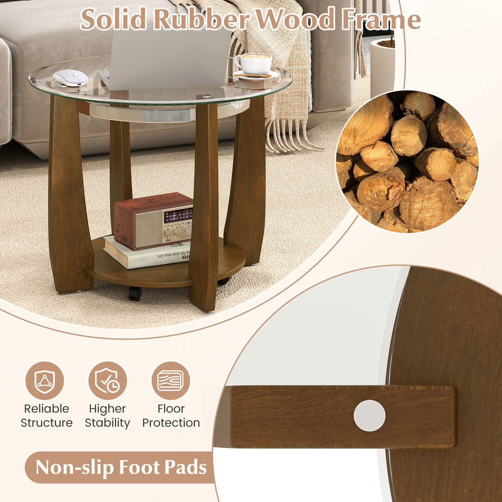 Round 32" coffee table with a walnut solid rubber wood frame, tempered glass top, and storage shelf for versatile use.