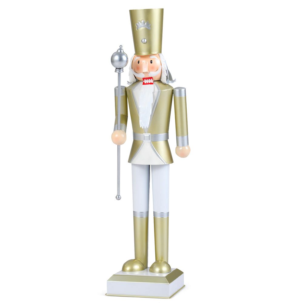 32.5-inch Christmas nutcracker in white and gold, featuring a high hat and scepter, perfect for holiday displays.