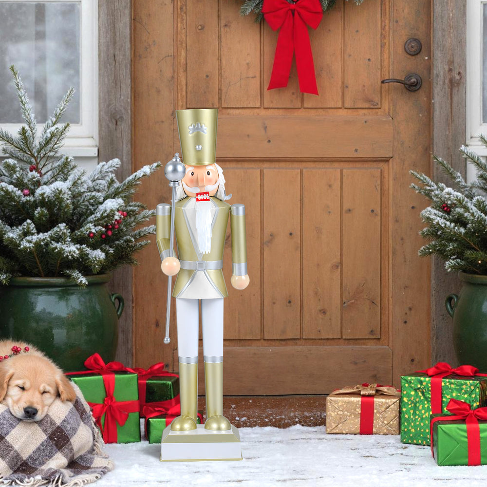 32.5-inch Christmas nutcracker with a golden hat and scepter, ideal for festive indoor or outdoor holiday displays.