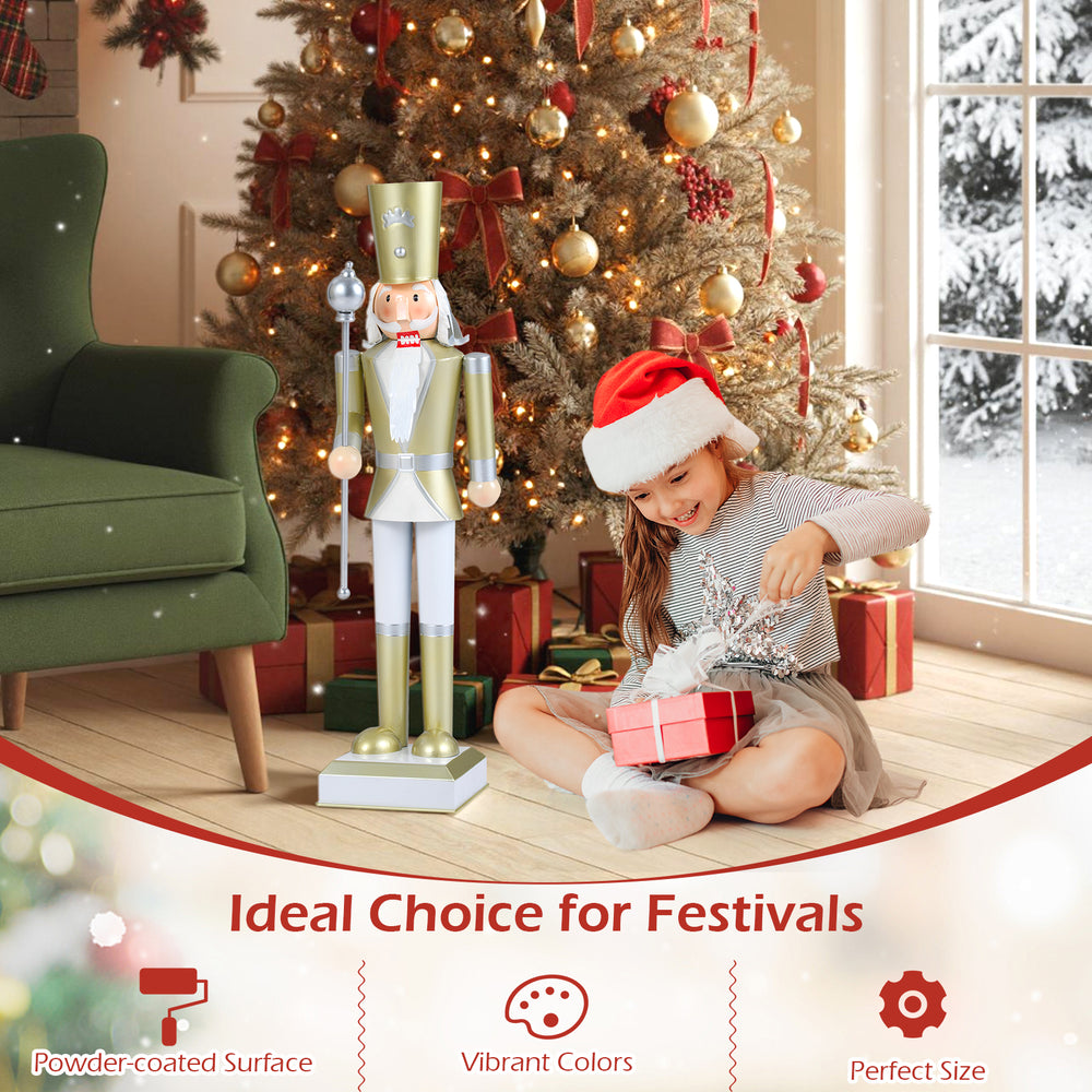 32.5-inch Christmas nutcracker with a white and golden finish, perfect for indoor or outdoor holiday decorations.