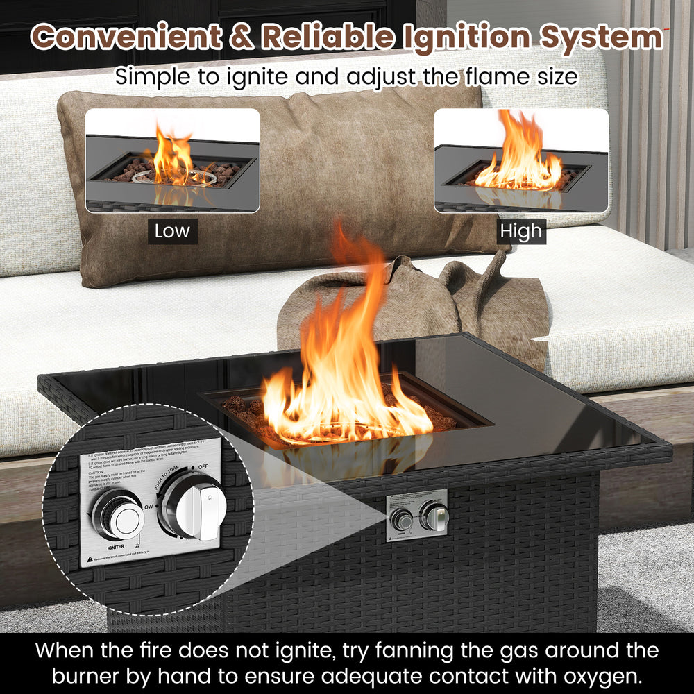 Close-up of the 32.5-inch propane fire pit table with adjustable flame settings, featuring a black tempered glass top.