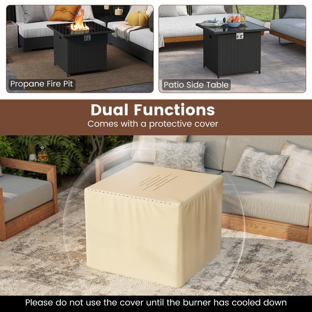 32.5-inch black propane fire pit table with tempered glass top, doubles as a coffee table, includes protective cover.