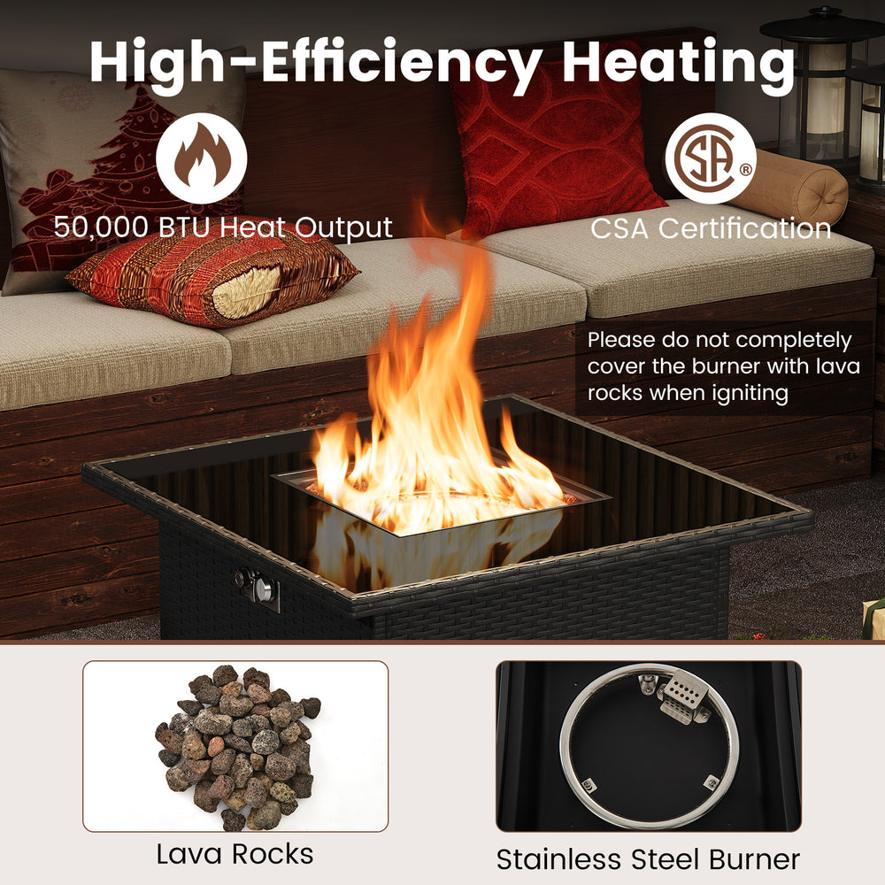 32.5-inch propane fire pit table with 50,000 BTU output, stainless steel burner, and lava rocks for outdoor warmth.