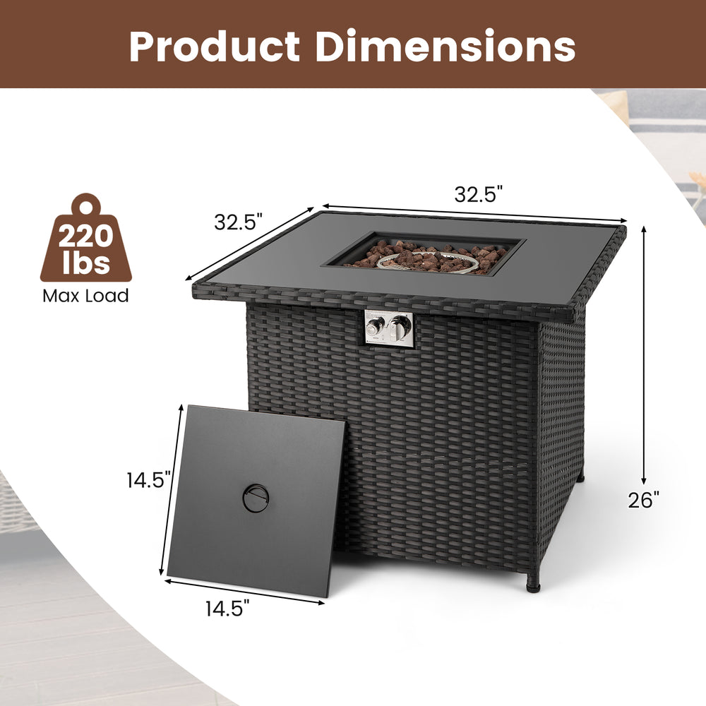 32.5-inch propane fire pit table with tempered glass top, featuring a removable lid and 50,000 BTU heat output.