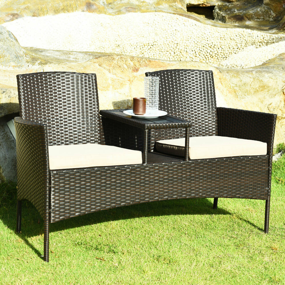 Modern Patio Conversation Set with Built-in Coffee Table and Cushions-Beige - Gallery View 1 of 10
