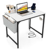 32-inch white computer desk with charging station, storage bag, and sturdy metal frame for home office use.