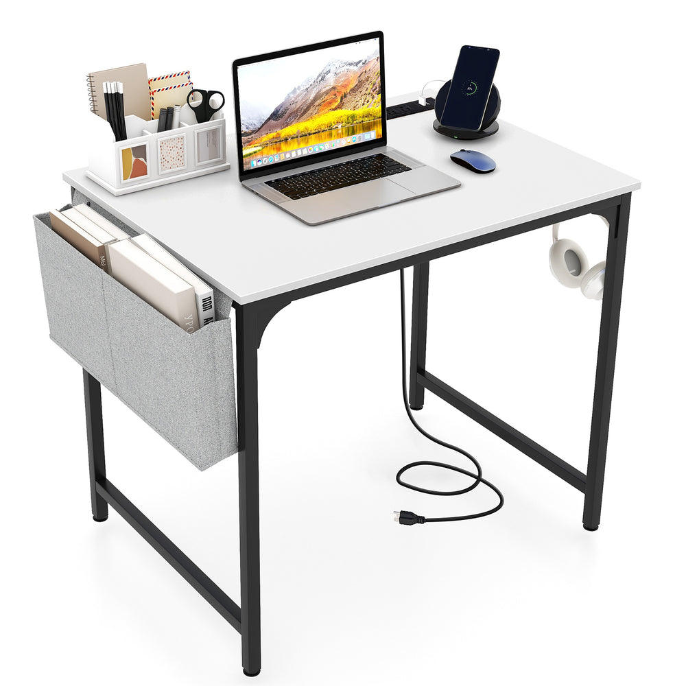 32-inch white computer desk with charging station, storage bag, and sturdy metal frame for home office use.
