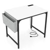 32-inch white computer desk with charging station, sturdy metal frame, and extra storage bag for home office use.
