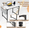 32-inch white computer desk with a sturdy metal frame, built-in charging station, and extra storage bag for home office.