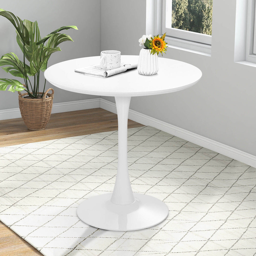 Modern 32-inch white tulip round dining table with MDF top, perfect for small spaces and easy to clean.