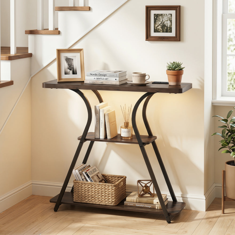 Narrow 32" console table in rustic brown with LED lights, power outlets, and 3-tier storage for living room or hallway.