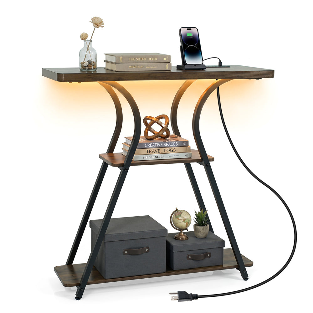 Console table with LED lights and power outlets, featuring a rustic brown finish and three storage tiers for small.
