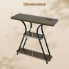 Dimensions of the 32" console table with power outlets, featuring a rustic brown finish and heavy-duty metal frame.