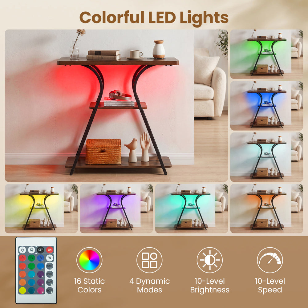 Console table with RGB LED lights in rustic brown, featuring 3-tier storage and power outlets for convenient charging.