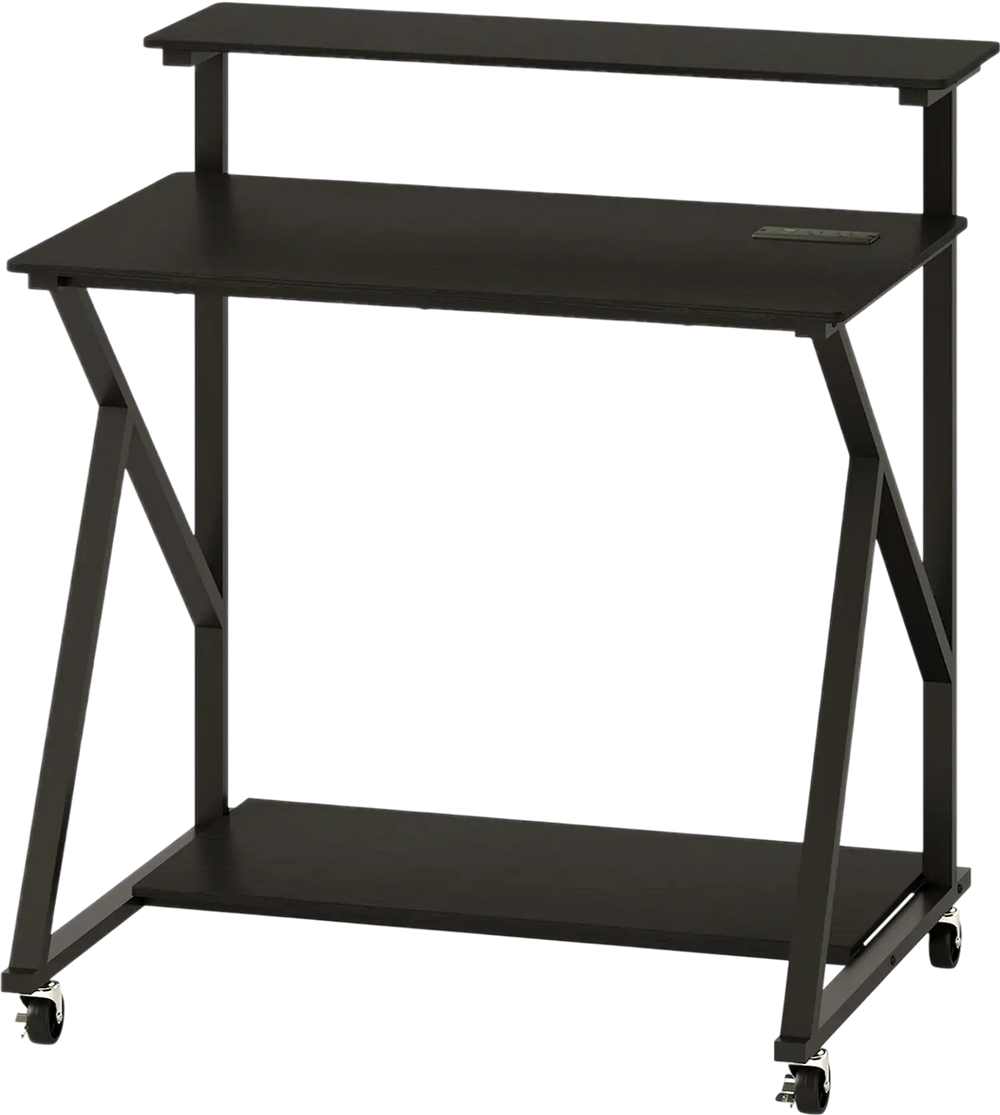 Compact 32-inch black rolling computer desk with ergonomic monitor shelf and built-in power outlets, ideal for small.