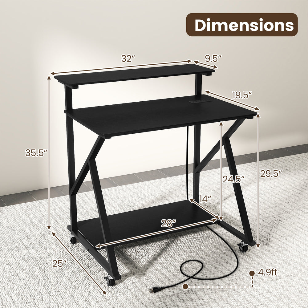 Rolling computer desk with ergonomic monitor shelf, black finish, dimensions 32"x25", ideal for small spaces.