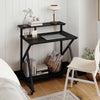 Compact black rolling computer desk with ergonomic monitor shelf, power outlets, and storage for small spaces.