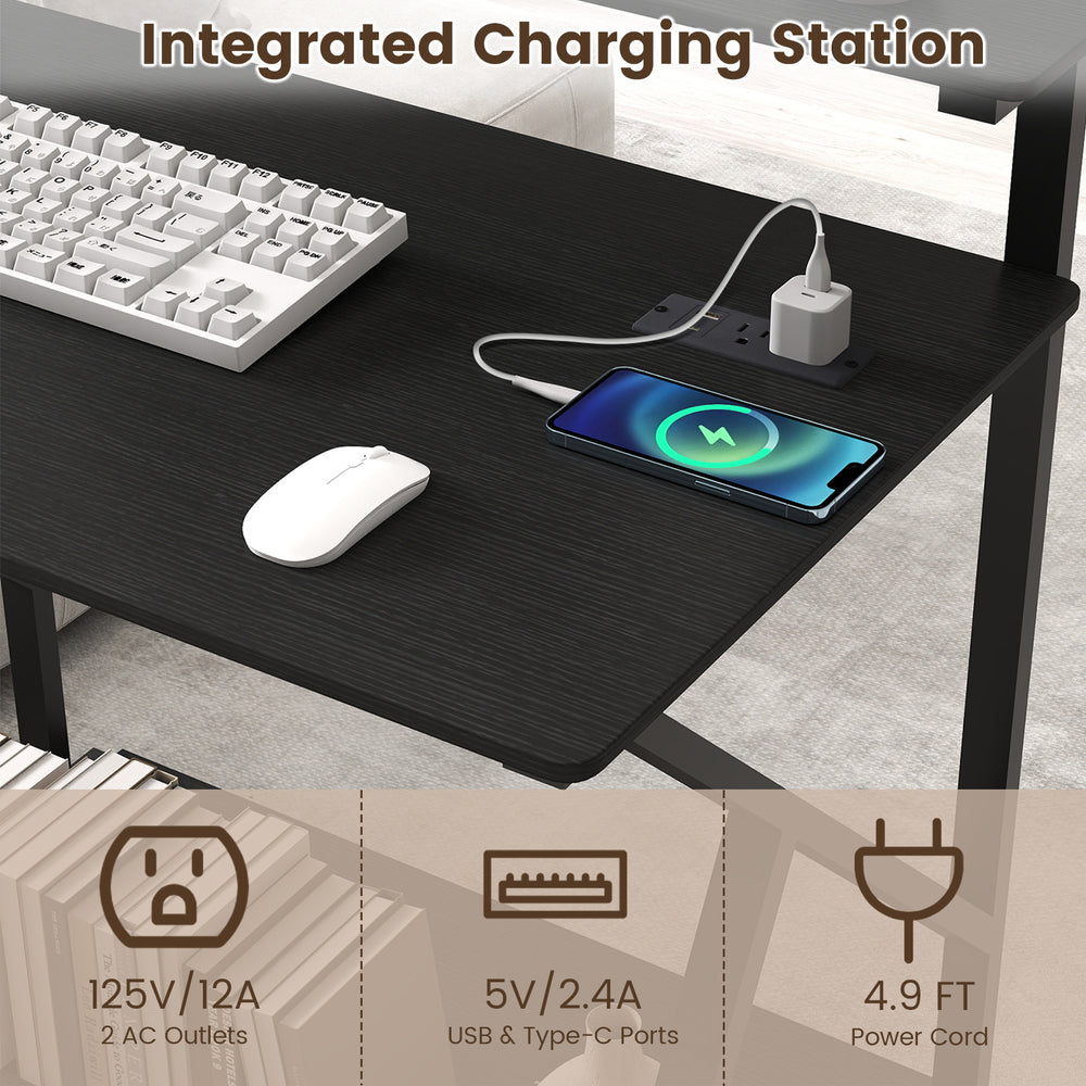 Rolling computer desk with integrated charging station, featuring USB, Type-C, and 2 AC outlets for convenient use.