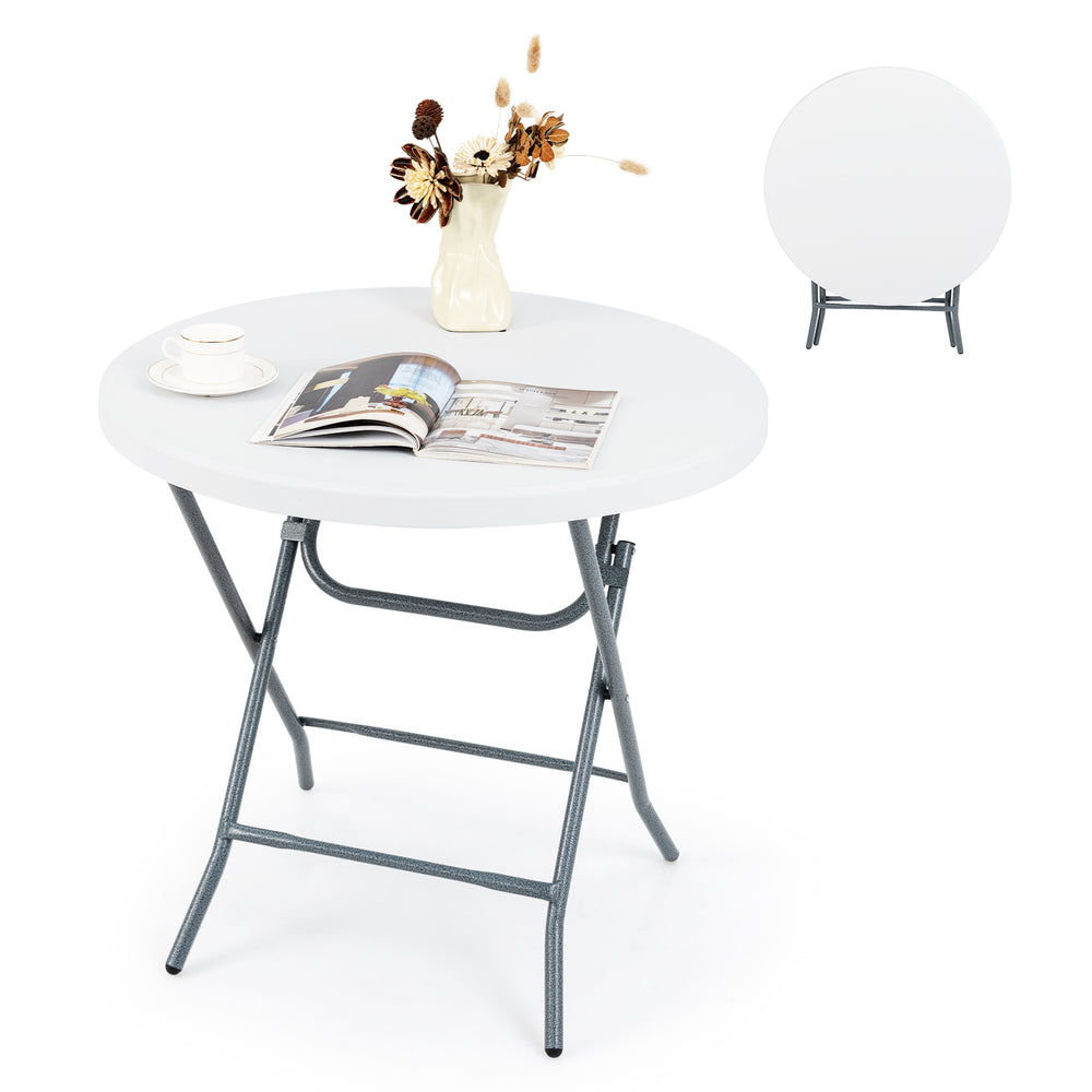 32-inch round folding table with a thick HDPE tabletop, ideal for picnics and outdoor activities, featuring a sturdy.