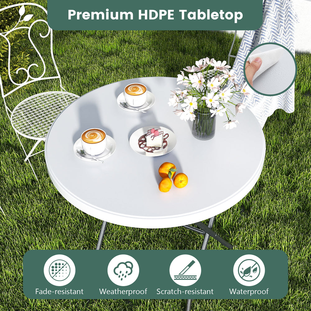 32-inch round folding table with thick HDPE tabletop, waterproof and fade-resistant, ideal for picnics and outdoor.