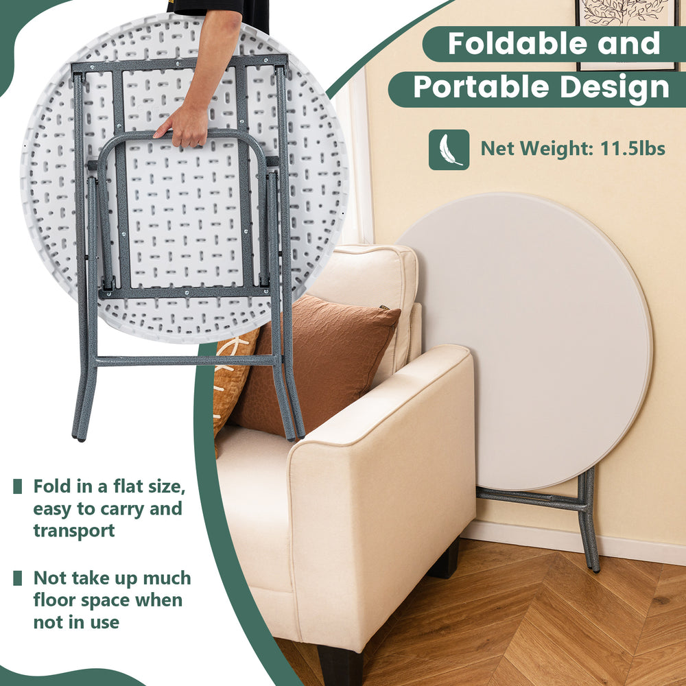 32-inch round folding table with thick HDPE tabletop, portable design, ideal for picnics and outdoor activities.