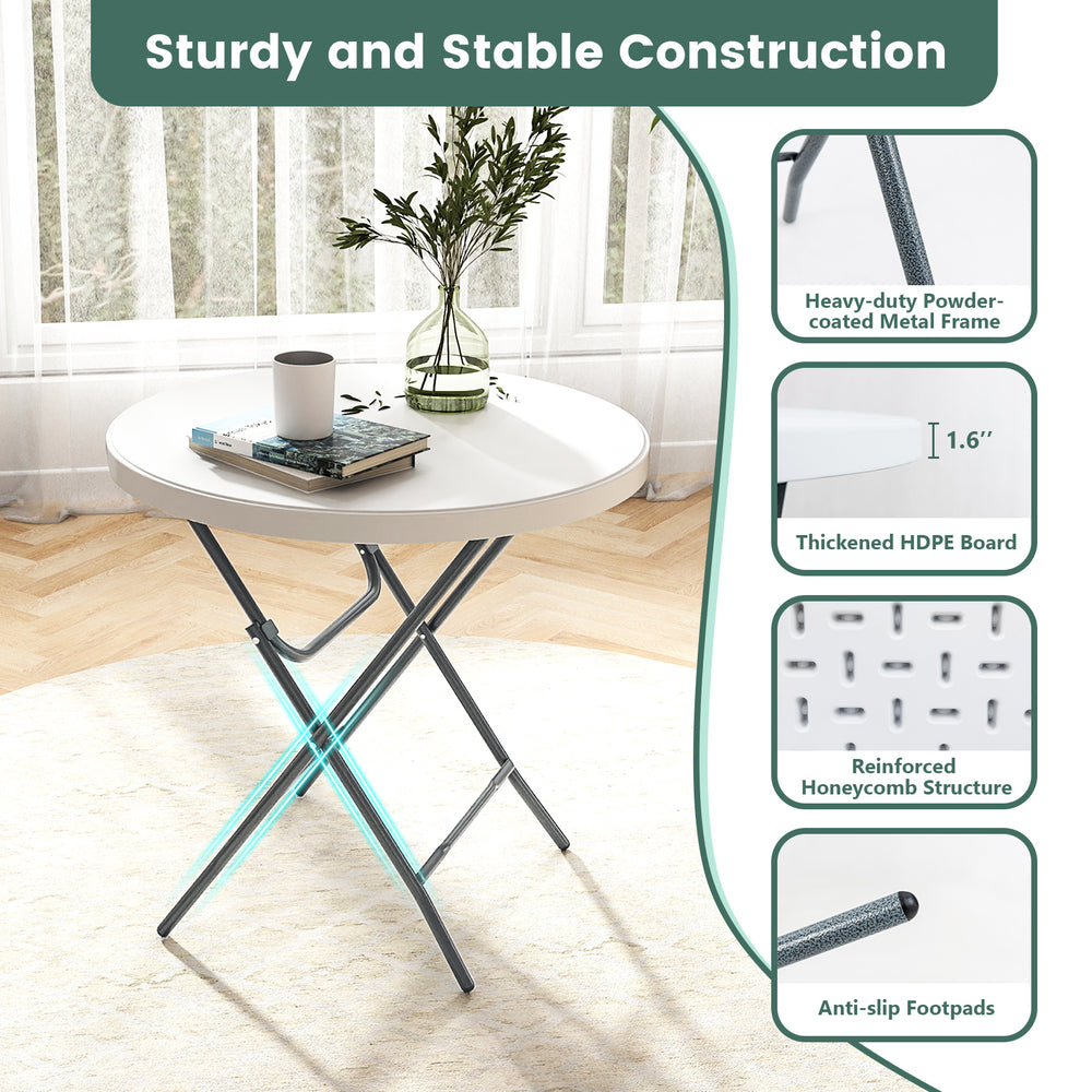 32-inch round folding table with thick HDPE tabletop and heavy-duty metal frame, ideal for picnics and outdoor.