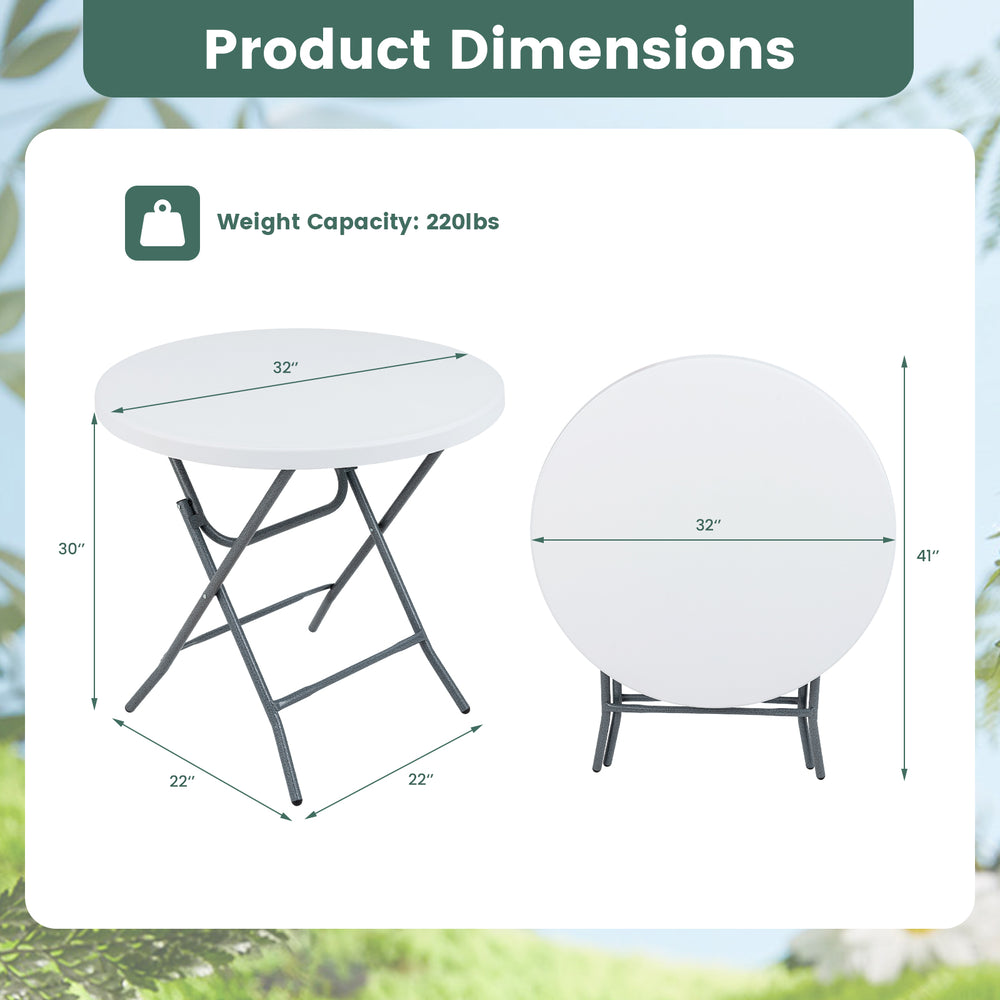 32-inch round folding table with thick HDPE tabletop, heavy-duty metal frame, and 220 lbs capacity for outdoor picnics.