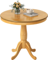Round 32-inch wooden pub pedestal side table in natural finish, featuring a retro style and adjustable pads for.