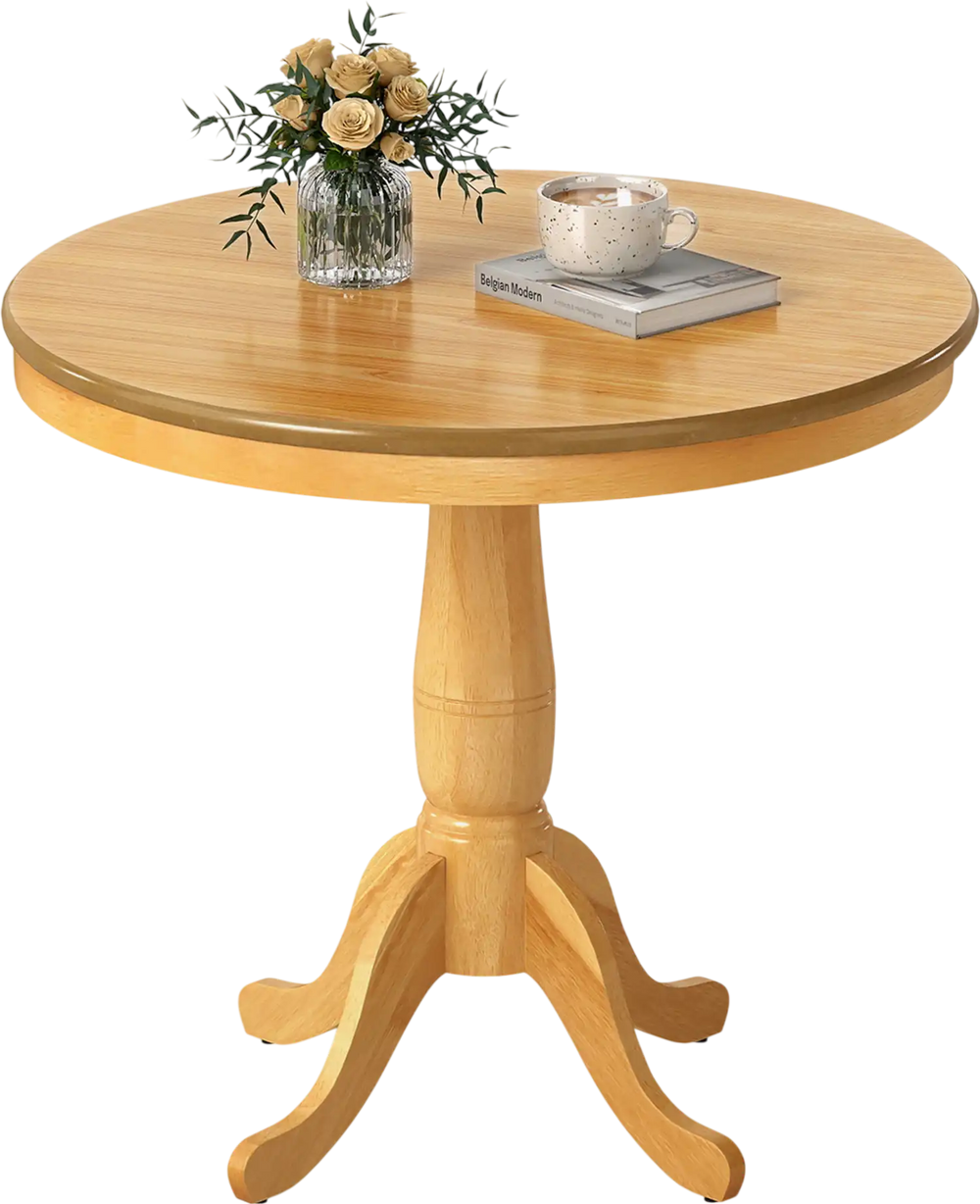 Round 32-inch wooden pub pedestal side table in natural finish, featuring a retro style and adjustable pads for.