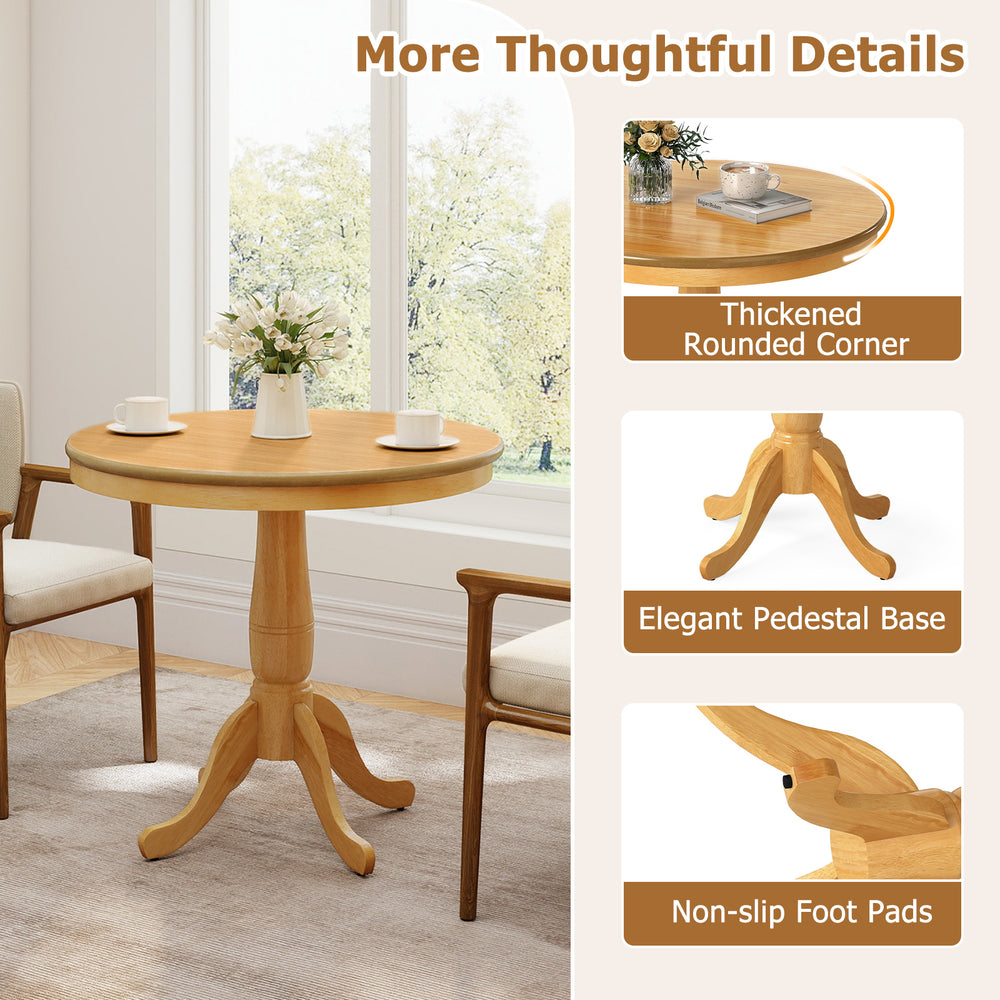 32-inch wooden round pub pedestal side table with a natural finish, featuring a retro design and adjustable foot pads.