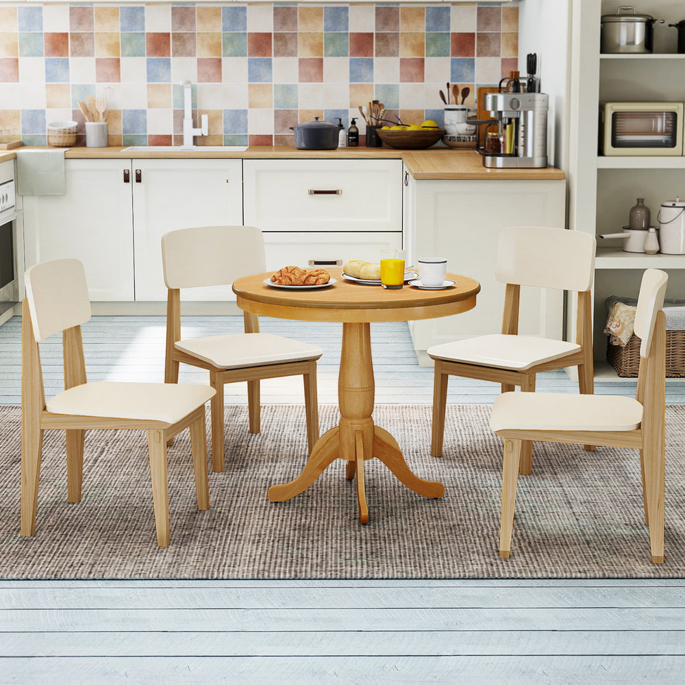 Round 32-inch wooden pub pedestal table with four chairs in a retro style, perfect for dining rooms or kitchens.