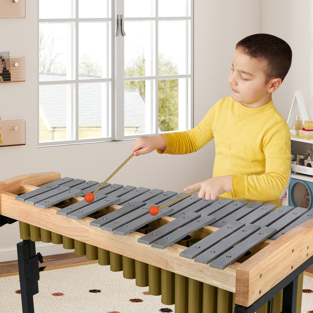 32-note aluminum xylophone with rubber wood base, featuring adjustable height and resonance tubes for clear sound.