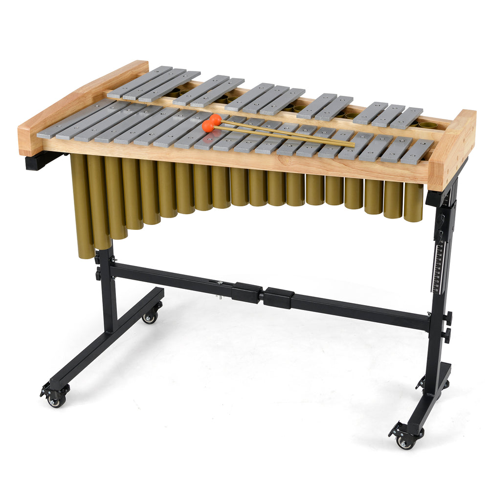 32-note marimba xylophone with aluminum bars and rubber wood base, featuring adjustable height and lockable wheels for.