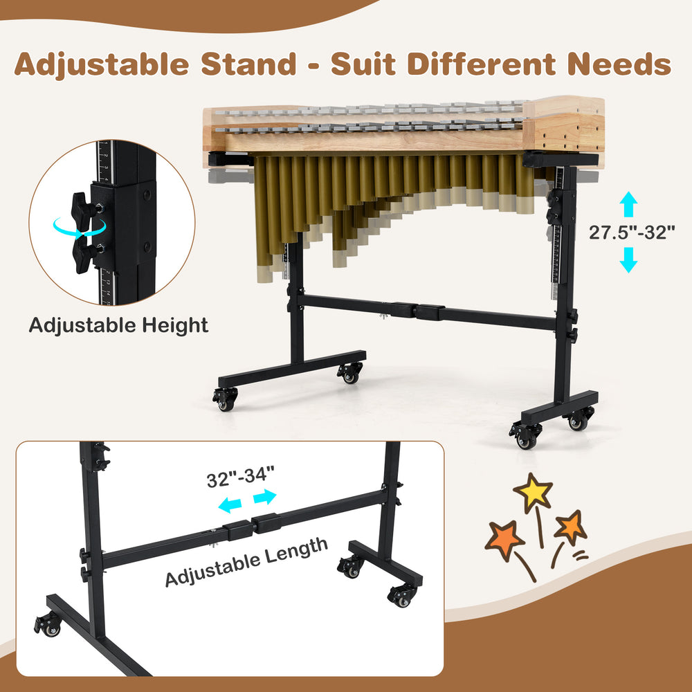 Adjustable stand for 32-note marimba xylophone with rubber wood base, featuring height and length adjustments for.