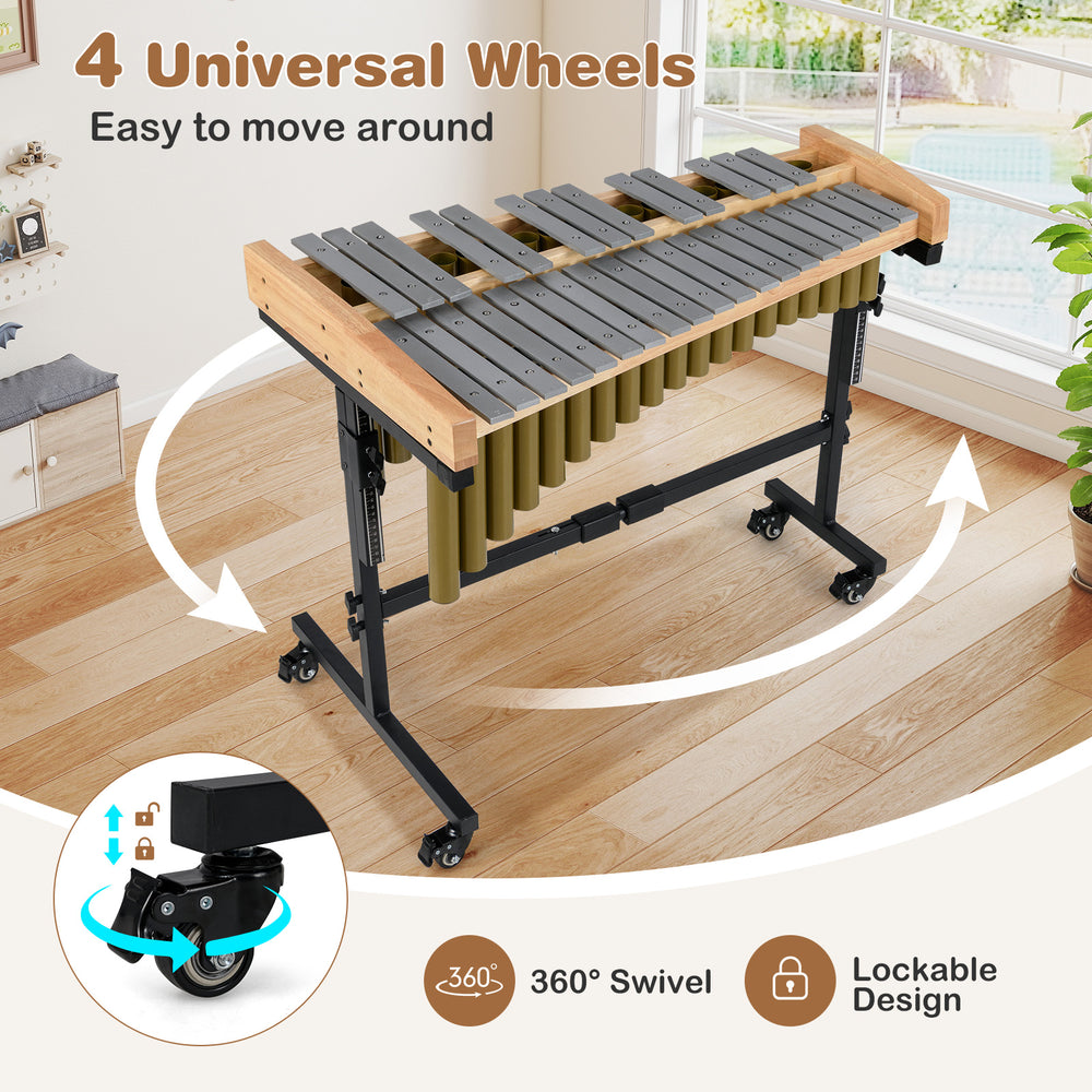 32-note aluminum xylophone with rubber wood base and 4 lockable wheels for easy movement in schools or studios.