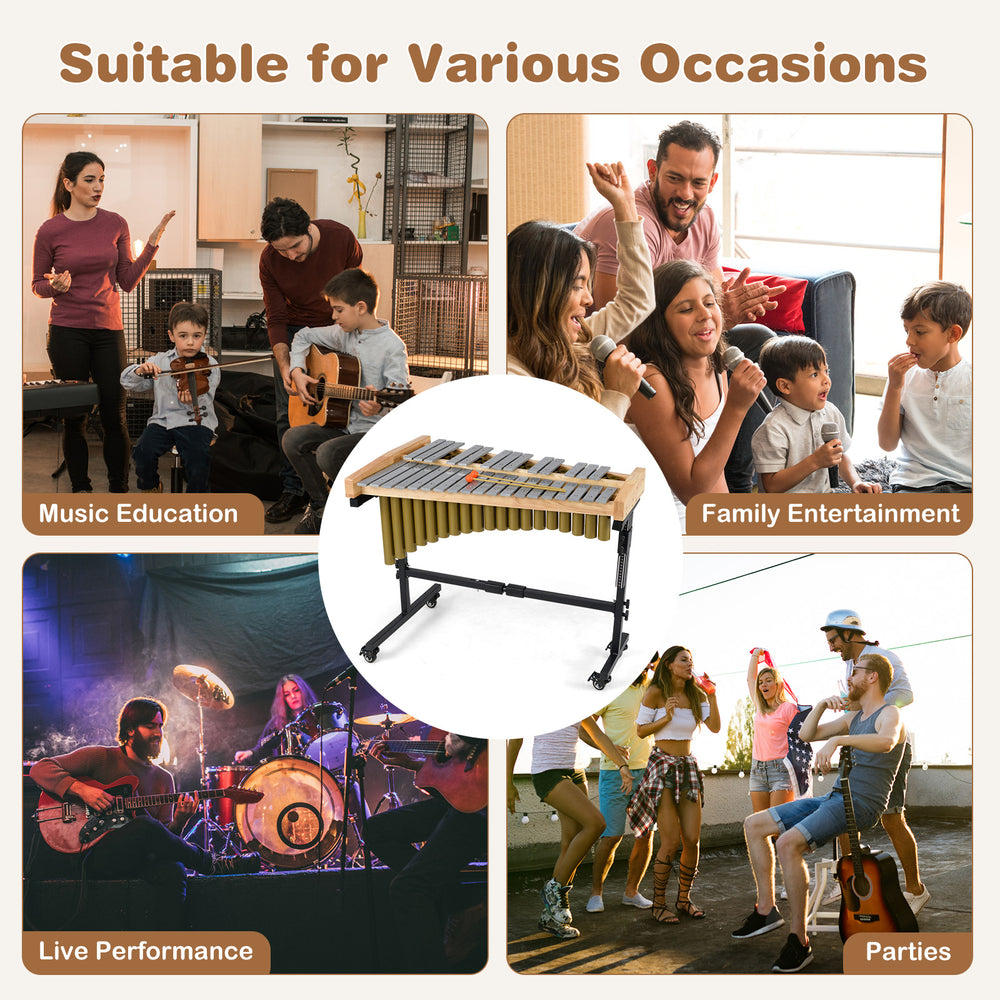 32-note aluminum xylophone with rubber wood base, adjustable stand, ideal for music education and live performances.