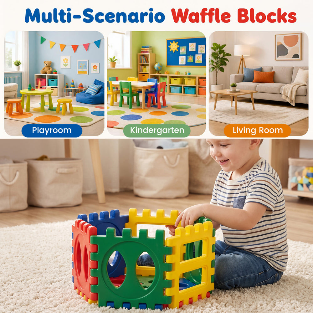 Oversized 32-piece waffle block set with 10 ocean balls for creative play in playroom, kindergarten, or living room.