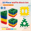 Bright yellow waffle block from the 32-piece set with an ocean ball, designed for safe, creative play for children aged 3+.