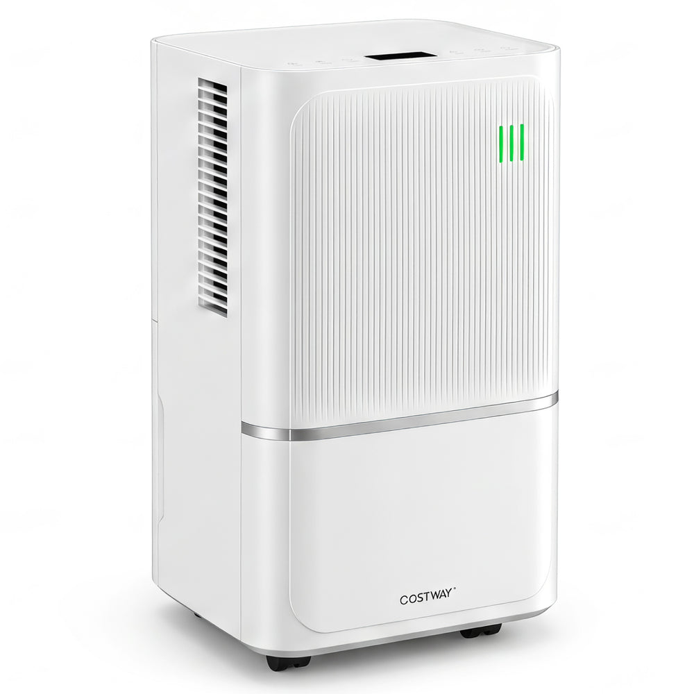 32-pint white dehumidifier with intelligent control, 3 fan speeds, and low noise, ideal for home use up to 2500 sq. ft.